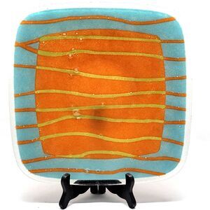 Peggy Karr Fused Glass Striped Modernist Square Dinner Plate 11 1/4"